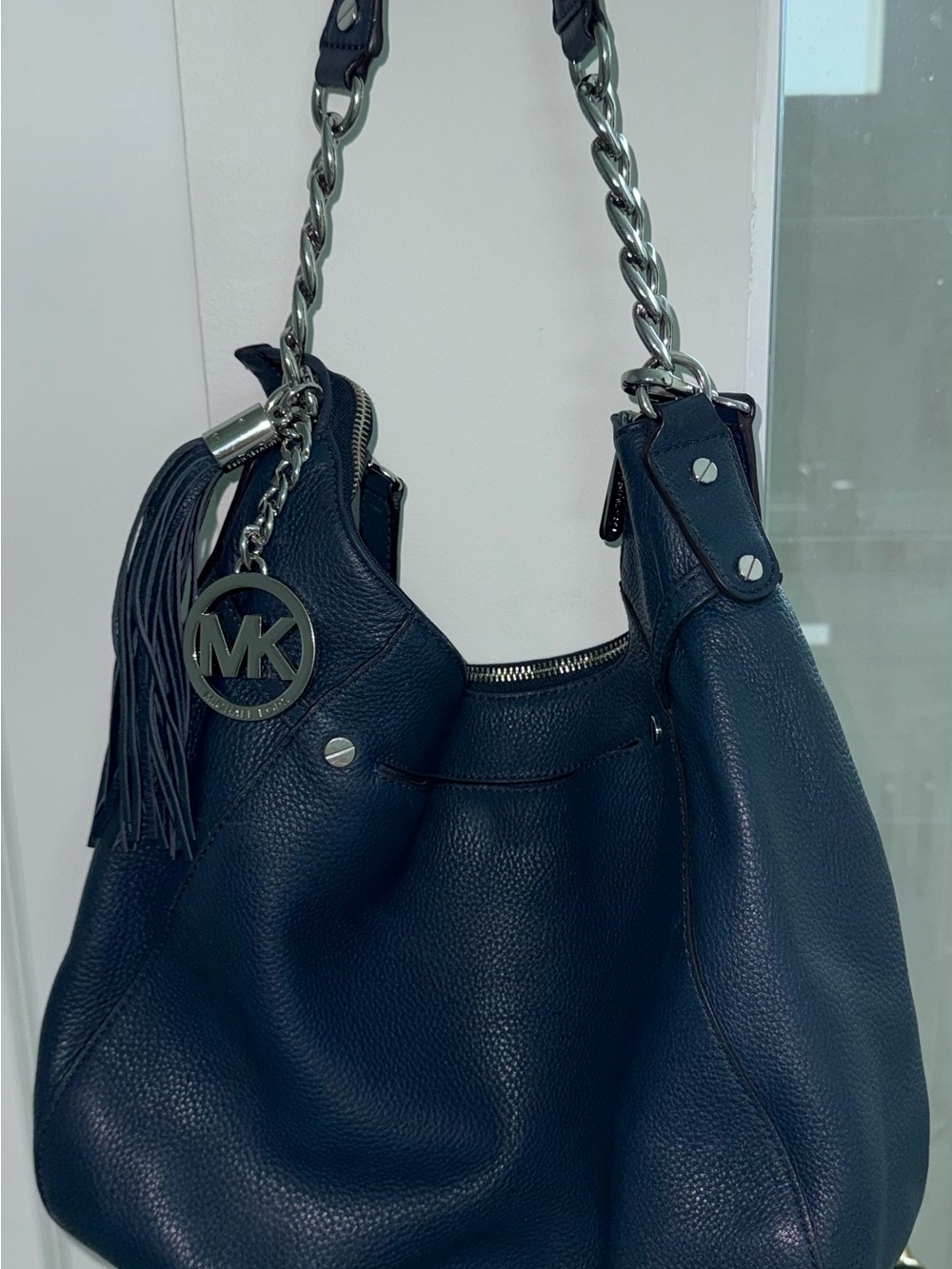 Michael Kors Deep Navy Pebbled Leather Hobo with Chain Strap